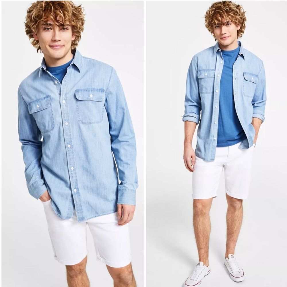 SUN + STONE Men's Jesse Regular-Fit Button-Down DENIM Shirt, LARGE